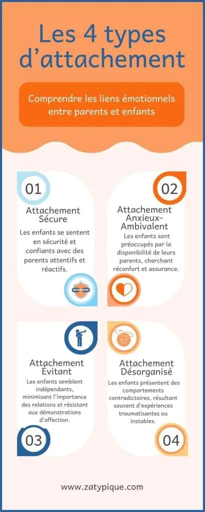 Infographie sur les 4 types d'attachement en psychologie selon la théorie de Bowlby